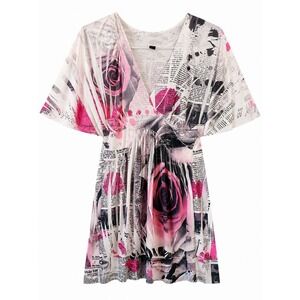 Diva USA Womens Newspaper Rose Print tunic top blouse Dolman Sleeve Size M